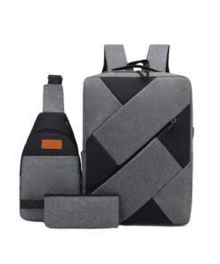 3-Piece Men or Women Travel Laptop Backpack - School Shoulder Bag - Grey
