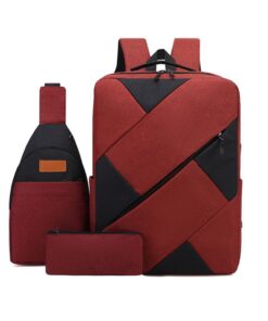 3-Piece Men or Women Travel Laptop Backpack - School Shoulder Bag - Red