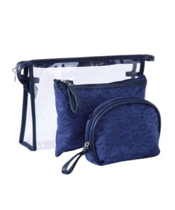 3 Piece Woman Bride Lace Cosmetic Bag Toiletry Bag-Blue