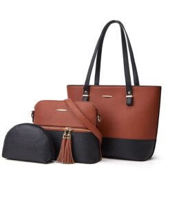 3 Pieces Purse Set Tote Satchel Hobo Handbags For Women - Brown/Black