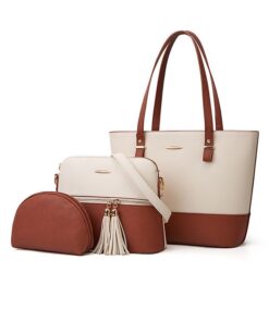 3 Pieces Purse Set Tote Satchel Hobo Handbags For Women - Brown/White