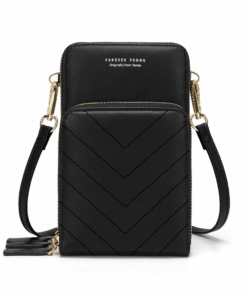 3-Pocket Crossbody Bag with V-Stitch Detail - Black