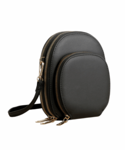 3-Pocket Faux Leather Crossbody Bag - Black