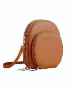 3-Pocket Faux Leather Crossbody Bag - Tan