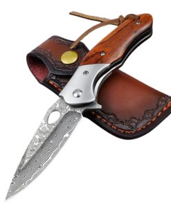 305 Rosewood Handle Damascus Folding Pocket Knife with Leather Case 18.5cm