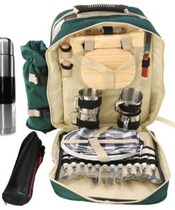 32Piece Picnic Dining Backpack for 4 with Plates Cutlery Power Flask & Cups - Green