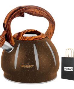 3L Stainless Steel Whistling Stove Top Kettle - Wood Handle +NATAN Gift Bag - Brown