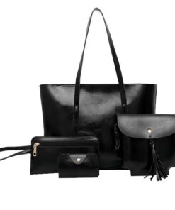 4 Piece PU Leather Handbag Shoulder Bag - Black