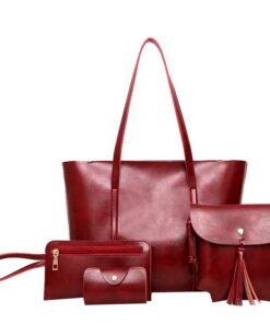 4 Piece PU Leather Handbag Shoulder Bag - Red