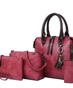 4 Pieces/Set Women's PU Handbag Crossbody Bag Wallet Card Holder - Red