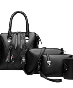4 Pieces/Set Women's PU Messenger Tote Bag Coin Purse Card Holder - Black