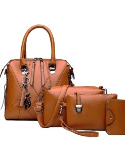 4 Pieces/Set Women's PU Messenger Tote Bag Coin Purse Card Holder - Brown