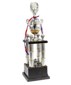 4 Pillar Silver Awards Cup Trophy Including Ribbon & Base - Large