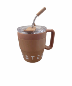 450ml Double Wall Mug Stainless Steel Vacuum Flask with Straw - Brown