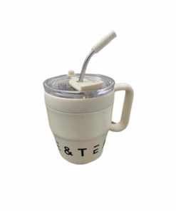 450ml Double Wall Mug Stainless Steel Vacuum Flask with Straw - White