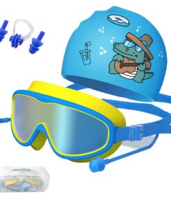 4Pieces Children's Swimming Goggles Caps Large Frame Waterproof Anti-fog Set - Blue, Yellow