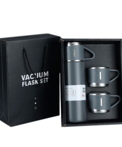 500ml Stainless Steel Vacuum Flask Gift Set with 3 Mugs - Grey