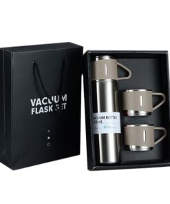 500ml Stainless Steel Vacuum Flask Gift Set with 3 Mugs - Silver
