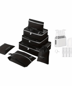7 Piece Travel To Live Packing Organiser Set with 4-in-1 Travel Bottle Set - Black