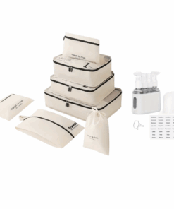 7 Piece Travel To Live Packing Organiser Set with 4-in-1 Travel Bottle Set - Cream