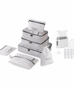 7 Piece Travel To Live Packing Organiser Set with 4-in-1 Travel Bottle Set - White
