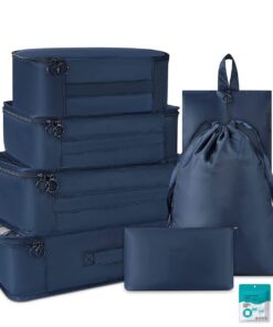 7 Pieces Travel Storage Set Packing Cubes with Disposable Towel - Navy Blue