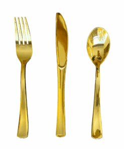 72 pc Set - Disposable Gold/ Rose Gold Plastic Knife+Fork+Spoon - Gold