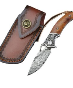 76 Layers Damascus Folding Pocket Knife with Leather Case - Brown