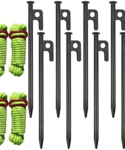 8 Pack Tent Stakes Heavy Duty 20cm Steel Pegs With 4 Ropes For Camping