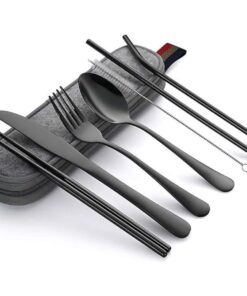 8 Piece Portable Travel Camping Cutlery Set - Black