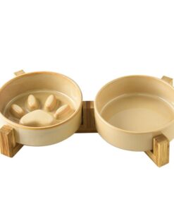 A Set Pet Bowl Dish Ceramic Slow Food Bowl Feeder Dish Dogs Cats Feeding - Brown