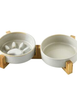 A Set Pet Bowl Dish Ceramic Slow Food Bowl Feeder Dish Dogs Cats Feeding - Grey