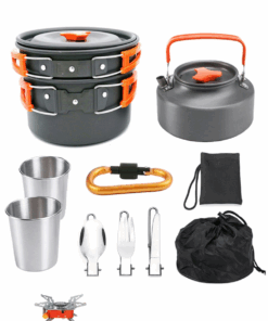 Aluminum Camping Cookware 10 Piece Set & Portable Camping Gas Stove