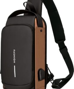 Anti-Theft Lock Sling Shoulder Crossbody Chest Bag With USB Port - Brown