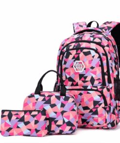 Backpack 3 Piece Set Geometric Print Waterproof Schoolbag - Black/Pink