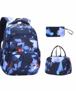 Backpack 3-Piece Set Waterproof Trolley School Bag with 6 Wheels - NavyBlueGrey