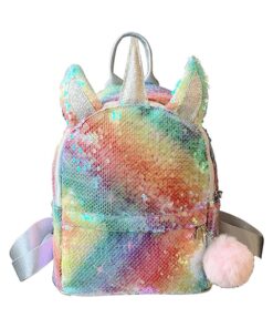 Backpack Sequin Unicorn School Bag Cute Glitter Travel Daypacks with Pompom - rainbow