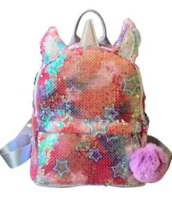 Backpack Sequin Unicorn School Bag Cute Glitter Travel Daypacks with Pompom - star