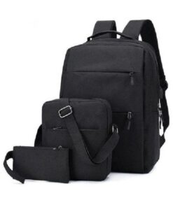 Backpack with Messenger Bag Handbag External USB for Traveling (3 Piece Set) - Black