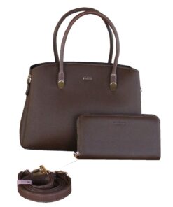 Bagco Womens Handbag Set-Structured Dome Satchel Wallet and Strap,Gold Hardware - Brown
