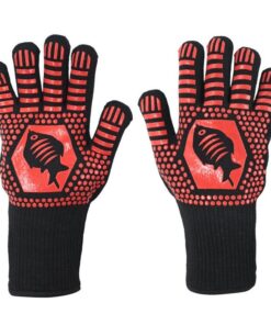 BBQ Gloves High Temperature Resistant 32cm Long 1 Pair Package - Fishbone Red