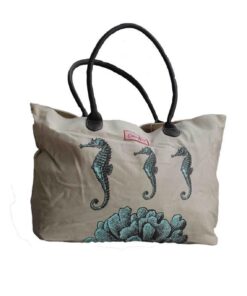 Beige Beach Bag with Sea Horse Print