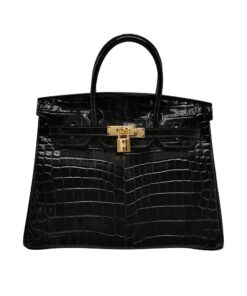 Bir30 Luxury Ladies Crocodile Tote Design Leather Handbag with Gold Locket - Graphite Black