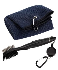 Black Waffle Pattern Tri-Fold Golf Towel with Black Club Groove Cleaner