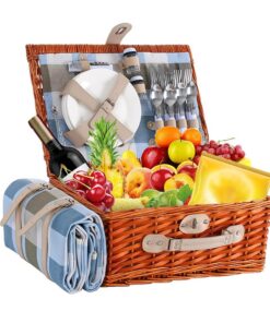 Blue Design Wicker Picnic Basket with Cooler Bag for 4 People