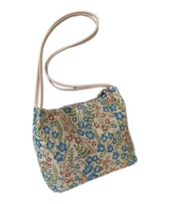 Blue Floral Pattern Beige Linen Shoulder Handbag