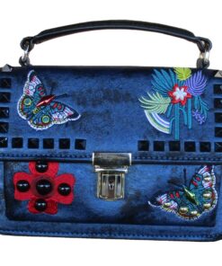 Blue Suede Handbag with Embroidered Butterflies