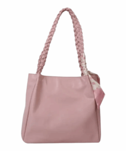 Blush Braided Handle Tote Bag With Floral Scarf Accent - Pink