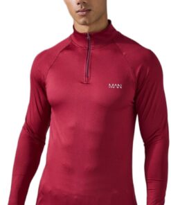 boohooMAN - Men's Active Gym Raglan Muscle Fit Quarter Zip Top - Berry - L