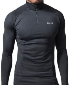boohooMAN - Men's Active Gym Raglan Muscle Fit Zip shirt- Black - L